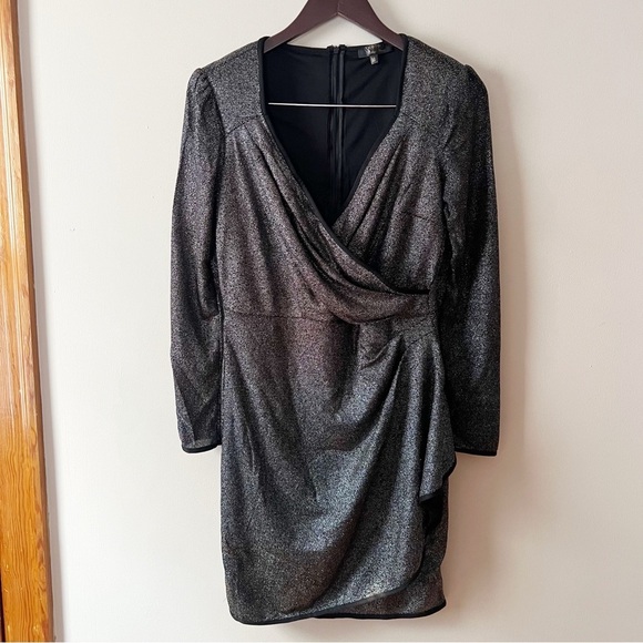 KOTON Shimmer Mini Dress Long Sleeve Party Cocktail Bodycon Black Silver M NWOT - Picture 4 of 12